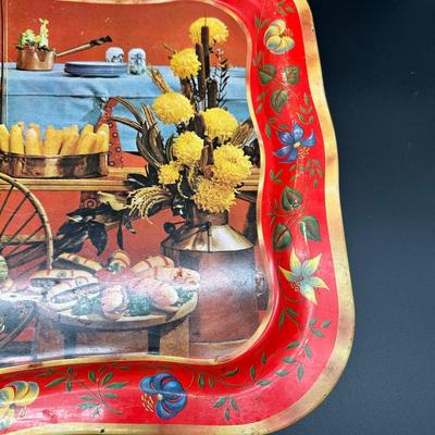 Vintage Folk Art Still Life Metal Serving Trays – Pair (Mid-Century Style)