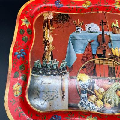 Vintage Folk Art Still Life Metal Serving Trays – Pair (Mid-Century Style)