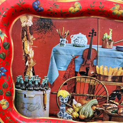 Vintage Folk Art Still Life Metal Serving Trays – Pair (Mid-Century Style)