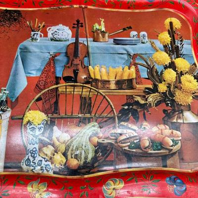 Vintage Folk Art Still Life Metal Serving Trays – Pair (Mid-Century Style)