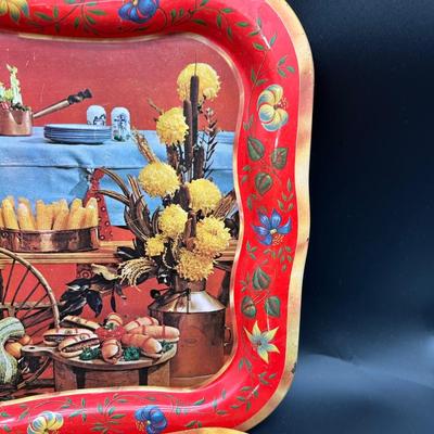 Vintage Folk Art Still Life Metal Serving Trays – Pair (Mid-Century Style)