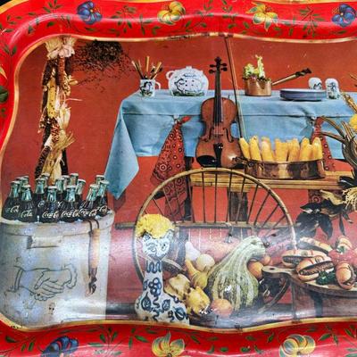 Vintage Folk Art Still Life Metal Serving Trays – Pair (Mid-Century Style)