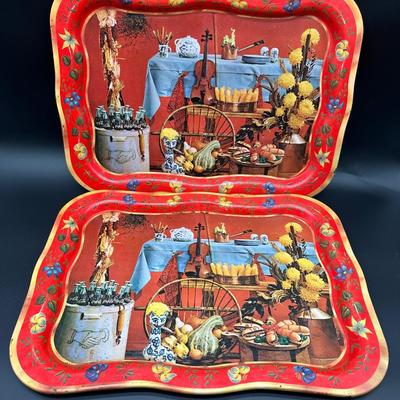 Vintage Folk Art Still Life Metal Serving Trays – Pair (Mid-Century Style)