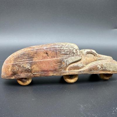 Vintage Cast Iron Toy Car – Art Deco Style – Rolling Wheels – Rustic Patina
