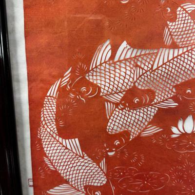 Koi hand made paper cutting 4 black laquer inlaid screens