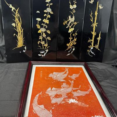Koi hand made paper cutting 4 black laquer inlaid screens