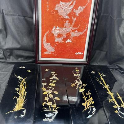 Koi hand made paper cutting 4 black laquer inlaid screens