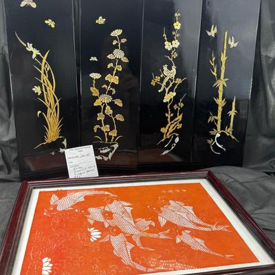 Koi hand made paper cutting 4 black laquer inlaid screens