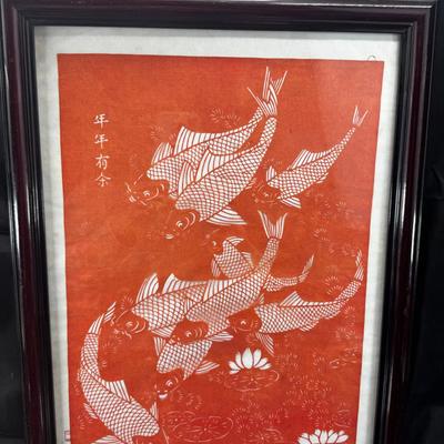 Koi hand made paper cutting 4 black laquer inlaid screens