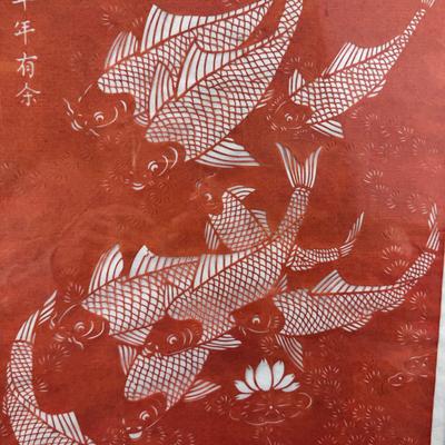 Koi hand made paper cutting 4 black laquer inlaid screens