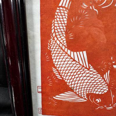 Koi hand made paper cutting 4 black laquer inlaid screens
