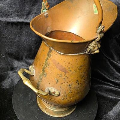 Vintage Copper & Brass Coal Scuttle – Lion Head Handles, Victorian Hearth Bucket