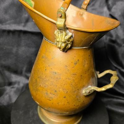 Vintage Copper & Brass Coal Scuttle – Lion Head Handles, Victorian Hearth Bucket