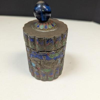 Antique Chinese Enameled Round Ribbed Brass Box w/ Reliefs & Peking Glass Knob