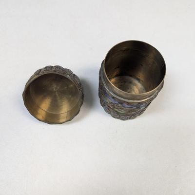 Antique Chinese Enameled Round Ribbed Brass Box w/ Reliefs & Peking Glass Knob