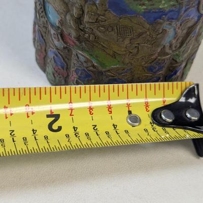 Antique Chinese Enameled Round Ribbed Brass Box w/ Reliefs & Peking Glass Knob