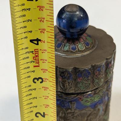 Antique Chinese Enameled Round Ribbed Brass Box w/ Reliefs & Peking Glass Knob