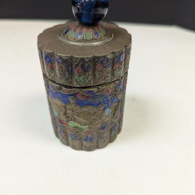 Antique Chinese Enameled Round Ribbed Brass Box w/ Reliefs & Peking Glass Knob