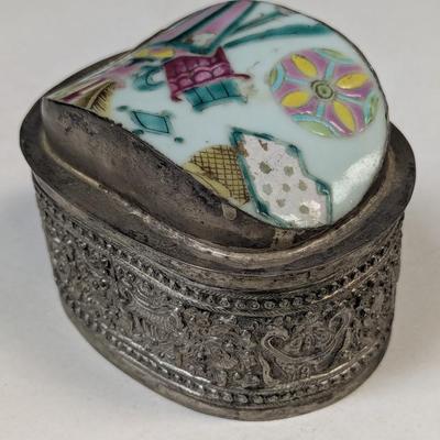 Antique Chinese Silver Plate & Porcelain Box