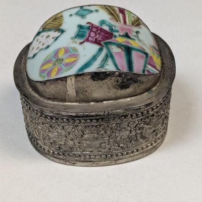 Antique Chinese Silver Plate & Porcelain Box