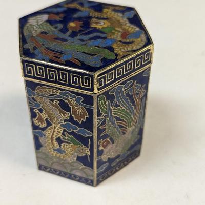 Asian Chinese Dragon Cloisonne Blue Enamel Trinket Box