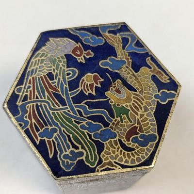 Asian Chinese Dragon Cloisonne Blue Enamel Trinket Box