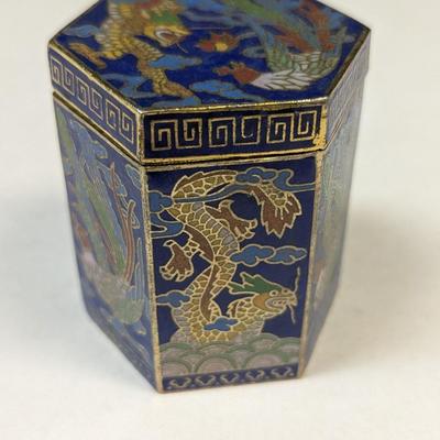 Asian Chinese Dragon Cloisonne Blue Enamel Trinket Box