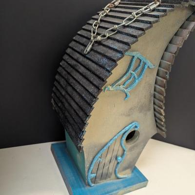 Metal Birdhouse On Wood Base