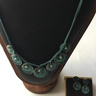Vintage copper colored metal circle linked bead necklace and earrings set