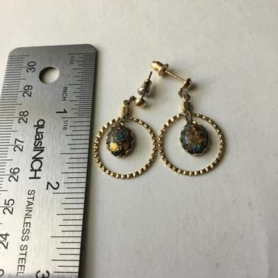 Vintage gold tone dangle earrings rainbow flake or dragons breath turquoise like stones
