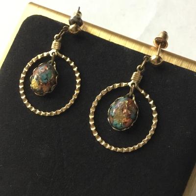 Vintage gold tone dangle earrings rainbow flake or dragons breath turquoise like stones
