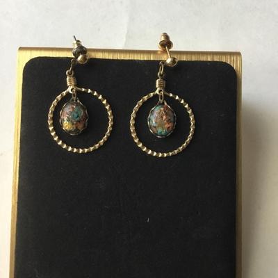 Vintage gold tone dangle earrings rainbow flake or dragons breath turquoise like stones