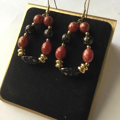 Red, black gold tone hoop earrings