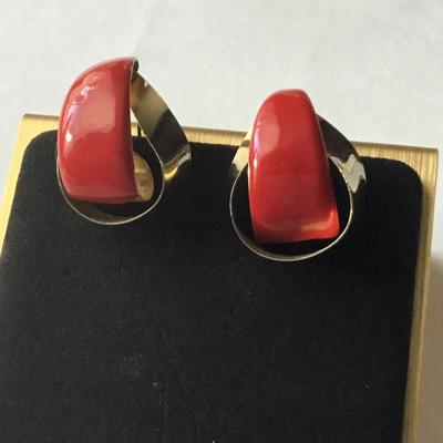 Red enamel gold tone fashion earrings