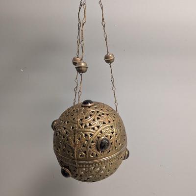 Antique Pierced Brass Jeweled Hanging Candle Lamp Light Fixture