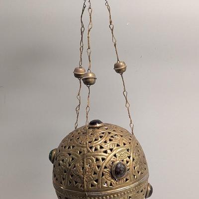Antique Pierced Brass Jeweled Hanging Candle Lamp Light Fixture