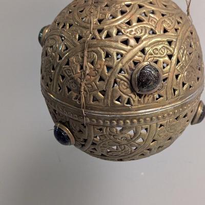 Antique Pierced Brass Jeweled Hanging Candle Lamp Light Fixture