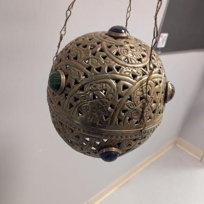 Antique Pierced Brass Jeweled Hanging Candle Lamp Light Fixture