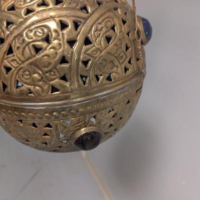 Antique Pierced Brass Jeweled Hanging Candle Lamp Light Fixture