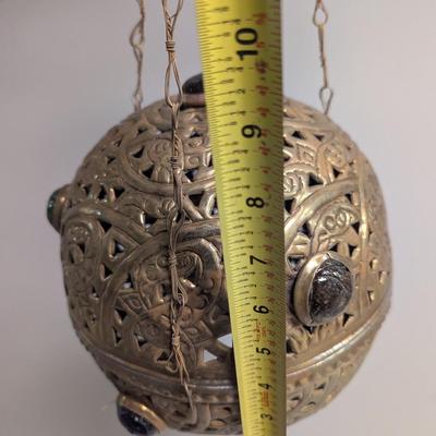 Antique Pierced Brass Jeweled Hanging Candle Lamp Light Fixture