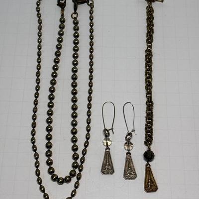 French Kande Paris earrings & bracelet, brass metal bead necklace