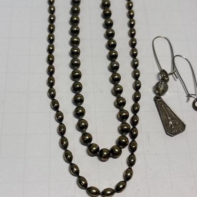 French Kande Paris earrings & bracelet, brass metal bead necklace