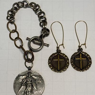 Medallion bracelet & cross earrings