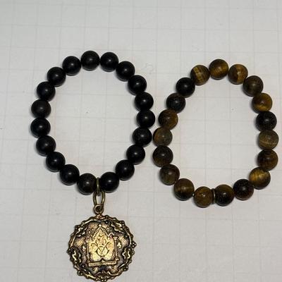 Black bead medallion & Tigers Eye bead stretch bracelets