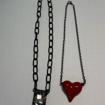 Large crystal pendant & red heart necklace on black chains