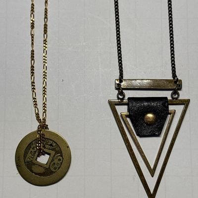 Coin necklace & metal/leather triangle necklace