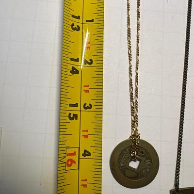 Coin necklace & metal/leather triangle necklace