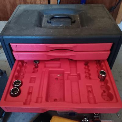 LOT 189: Craftsman Socket Tool Box, Pittsburgh Rolling Stool, Wood Bit Set, 1-7/8" Hitch Ball & More