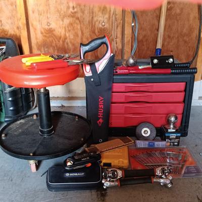 LOT 189: Craftsman Socket Tool Box, Pittsburgh Rolling Stool, Wood Bit Set, 1-7/8" Hitch Ball & More