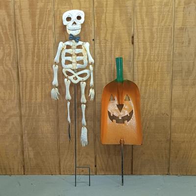 LOT 193: Empire Halloween Blow Mold Bear, Big Head Dancing Skeleton, Large Plastic Skull & More
